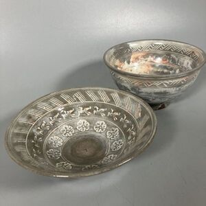 F3-269　茶道具 茶碗 抹茶椀 平茶碗 三島 ２点 中古品