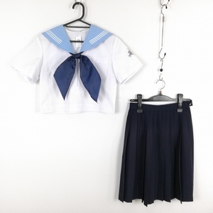 1円 セーラー服 スカート スカーフ 上下3点セット 夏物 白3本線 女子 学生服 高知学園 白 制服 中古 ランクC EY9674