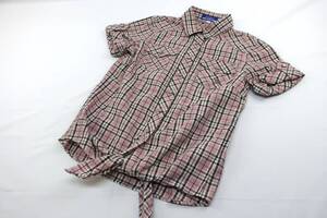 【送900円】5690　BURBERRY BLUE LABEL　バーバリーブルーレーベル　チェック柄半袖シャツ　ピンク系　綿100％　裾デザイン　総柄　36