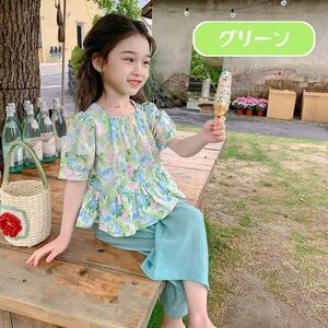 グリーン 120cm 2点セット バルーン袖 花柄 半袖 トップス 9分丈 パンツ セットアップ 上下セット 春夏 韓国子供服 女の子 キッズ ガールズ