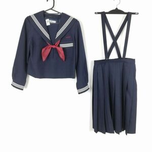 1円 セーラー服 スカート スカーフ 上下3点セット 夏物 白3本線 女子 学生服 宮崎大宮中学 紺 制服 中古 ランクC NA7669