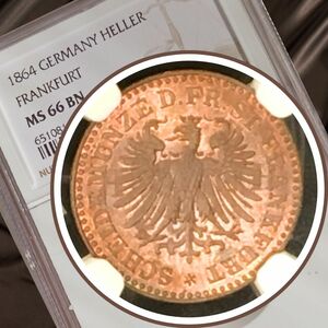 1864年 最高鑑定 中世ドイツ オンリーワン NGC COPPER MS66 BN 自由都市 フランクフルト鋳造 1 ヘラー HELLER 銅貨