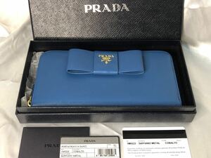 超美品　PRADA プラダ　長財布　ラウンドファスナー　リボン　COBALTO