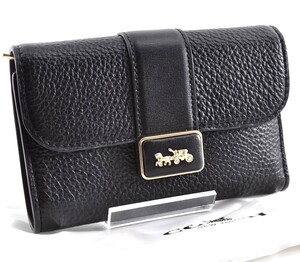 未使用 COACH コーチ CC059 馬車ロゴ ミディアムグレースウォレット 三つ折り財布 レザー シボ革 ブラック 黒 保存袋付き 3A1134