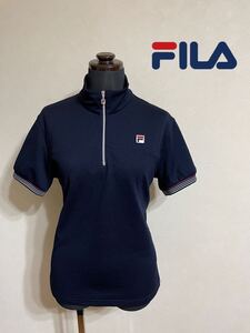 【良品】 FILA フィラ レディース テニス ドライ トレーニング ウェア ハーフジップ プルオーバー トップス サイズL 半袖 ネイビー