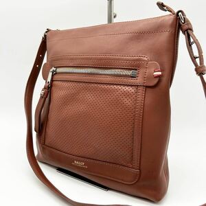 1円 美品 BALLY バリー UMAS-SM メッシュ パンチング ショルダーバッグ サコッシュ ストライプ レザー 茶 斜め掛け トレインスポッティング