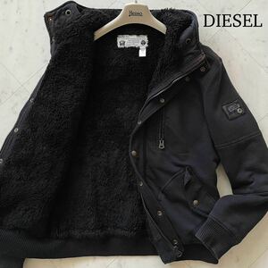 希少XXL★ ディーゼル DIESEL 極暖 裏ボア 中綿入り ジップ パーカー ジャケット フード ブルゾン 大きいサイズ 2XL ロゴパッチ ブラック