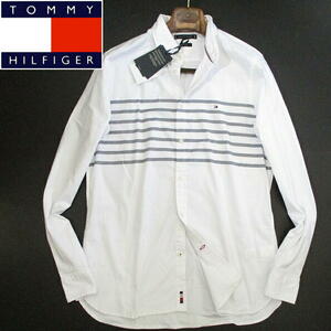 春夏▼ 新品 未使用 トミーヒルフィガー　白　ホワイト　オックスフォードシャツ　長袖シャツ　Lサイズ　ボーダー　TOMMY HILFIGER　メンズ