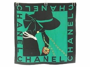 1円 ■美品■ CHANEL シャネル ロゴ 総柄 大判 スカーフ ストール ショール レディース ブラック系×マルチカラー FD1931