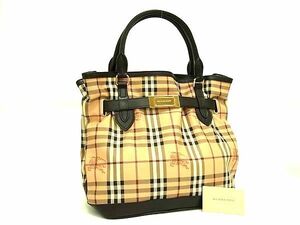 1円 ■美品■ BURBERRY バーバリー ノバチェック PVC×レザー ハンドバッグ トートバッグ ベージュ系×ブラウン系 FE0802