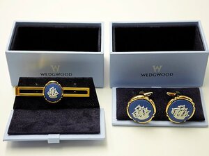 ウェッジウッド　WEDGWOOD　ネクタイピン　カフス　金属素材×陶器　金色×青×白　箱