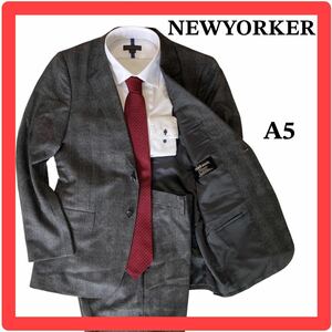 美品★NEWYORKER★ニューヨーカー★スーツセットアップ★テーラードジャケット★パンツ★チェック★ウール100%★日本製★グレ★A5