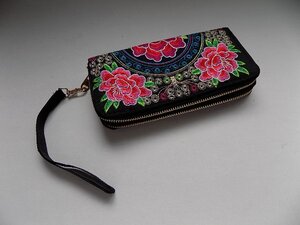 ●一円スタート●フラワー刺繍長財布/mo-K-60-5598/ハンドメイド/手作り/保管/運ぶ/柔らかな/しなやかな/素材/上側/開口部/お金/札/コイン