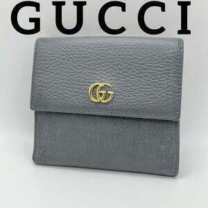 1円～　極美品　GUCCI グッチ　マーモント　GG　折り財布　ライトグレー　コンパクトウォレット　レザー