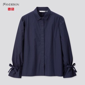 【お値下げ】新品タグ付き UNIQLO ユニクロ JW ANDERSON ギャザースリーブシャツ 長袖 1枚でエレガントに魅せる コットン素材で軽やか S 紺