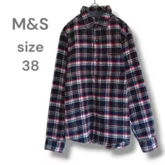 M&S　長袖シャツ　ネルシャツ　38　チェック　ネイビー　レッド　古着　used