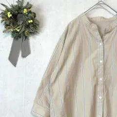 ストライプ柄シャツ スタンドカラー 綿100% 8分袖 ゆったり 綺麗めコーデ