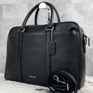 極美品 COACH コーチ 2WAY ビジネスバッグ ブリーフケース トート ショルダー 斜めがけ 肩掛け オールレザー ロゴ型押し メンズ A4 黒 通勤