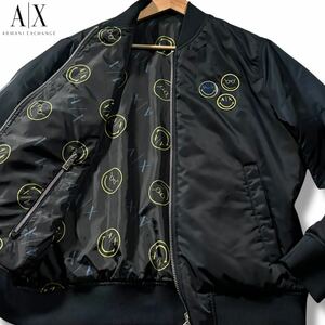 極美品/Lサイズ相当●アルマーニ エクスチェンジ 2way リバーシブル MA-1 中綿 ジャケット ARMANI EXCHANGE ダブルジップ スマイル AXロゴ