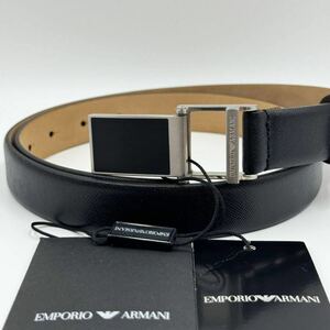 希少!!!新品タグ付き!!!◎エンポリオアルマーニ レザーベルト EMPORIO ARMANI ロゴ金具 本革 GENUINE LEATHER ブラック シルバー 48サイズ