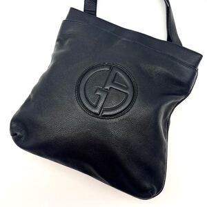 1円【極美品】ジョルジオアルマーニ GIORGIO ARMANI ショルダーバッグ メッセンジャーバッグ サコッシュ エンボス ロゴ レザー 革 メンズ