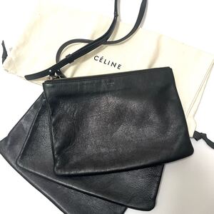 1円 【袋付き】CELINE セリーヌ トリオ ラージ ショルダーバッグ 肩掛け 斜め掛け クロスボディ レザー ブラック 黒 ポーチ クラッチ 