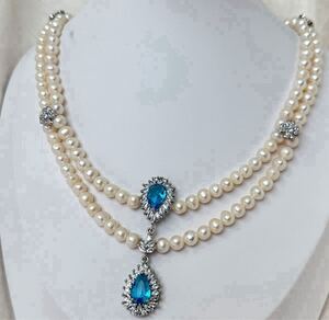 豪華！アクアマリン×本真珠ネックレス55cm 7-8mm 天然パールネックレス二連 Pearl jewelry necklace 本真珠ネックレス