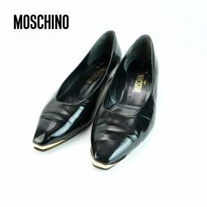 MOSCHINO モスキーノ 7 24.0 パンプス ヒール ゴールド金具 エナメル 黒 ブラック/MC147