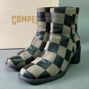 ♪k10 CAMPER カンペール TWINS ツインズ チャンキーヒール サイドジップ ショートブーツ シューズ ブロックチェック 37 24cm程 レディース