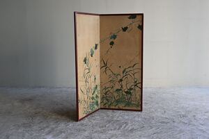 【古美術】屏風 草花紋様 日本画 アンティーク 肉筆 衝立 パーテーション インテリア 骨董品 無銘