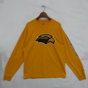 Champion L サイズ ロングTシャツ 長袖 Southern Miss カレッジプリント Golden Eagles ロンT マスタード 古着 1A2418