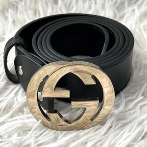 【美品/最高級】GUCCI グッチ ベルト インターロッキング デカロゴ GG ブラック 黒 ゴールド金具 通勤 通学 ビジネス メンズ 4センチ幅