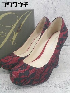 ◇ ◎ Enzo Angiolini レース ウェッジソール ヒール パンプス サイズ5 1/2 レッド ブラック レディース