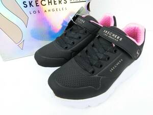 【訳あり未使用】SKECHERS UNO LITE クッション性◎ 軽量◎ 厚底レザーキッズスニーカー 左19cm 右19.5cm ブラック/ローズゴールド【1205】