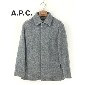 A9944/ 90s 極美品 秋冬 A.P.C. アーペーセー RUE DE FLEURUS PARIS ウール ツイード ハーフ ステンカラーコート S 灰色 フランス製 メンズ