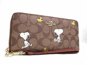 1円■極美品■ COACH コーチ CE705 シグネチャー ピーナッツコラボ スヌーピー PVC×レザー ラウンドファスナー 長財布 ブラウン系 AX7682