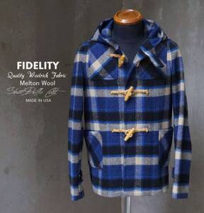 USA製 フィデリティー FIDELITY 青 チェック Woolrich Fabric メルトン ショート ダッフルコート S相当