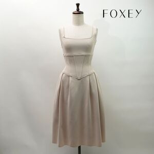 美品 FOXEY フォクシー アセテート ストレッチ ノースリーブフレアワンピース 膝丈 裏地レース レディース ベージュ サイズ38*NC120