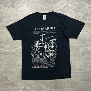 90s レオナルド・ダ・ヴィンチ 自転車 スケッチ アート Tシャツ 黒 サイズ L
