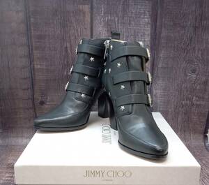 ショートブーツ ブラック JIMMY CHOO/スタッズブ-ツ/3バックルショ-トブ-ツ