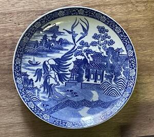 旧家より　古い/時代　明治　blue willow ブルーウィロー 中国庭園 日本製 藍染 陶器 平皿 　直径31㎝