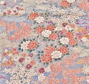 ◆琳花◆ 正絹縮緬はぎれ ブルーグレーに沢山の花々 美品 36×169 古布 着物はぎれ お人形 吊るし飾り ちりめん細工 ドールハウス