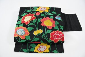 名古屋帯 アンティーク 秋草 黒 帯丈342cm ★着物屋 ne-13113 桜庭呉服店