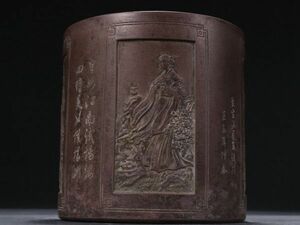 清時代 紫砂彫 開窗刻四大美女筆筒 楊鳳年銘【仁】中国陶磁器 置物擺件 古賞物 古美術 中国古玩 蔵出