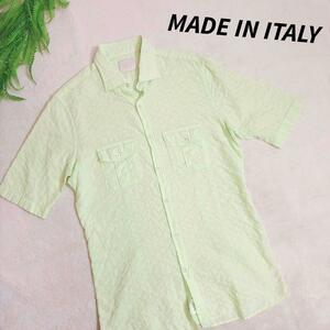 イタリア製 やわらかコットン素材・半袖シャツ・淡いライトグリーン黄緑 Mサイズ 81056