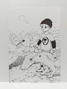 オリジナルイラスト★手描きイラスト★空 少年 動物★ハンドメイド★絵 原画 白黒 モノクロ アナログ アート 自作 illustration art