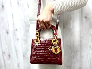 極美品 Christian Dior クリスチャンディオール 艶クロコダイル レディディオール ハンドバッグ ショルダー バッグ レザー 赤系 2WAY 76689