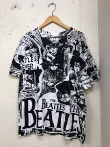 80s BEATLES 総柄　バンドtシャツ　L 白黒　パキ綿　ビートルズ　ビンテージ