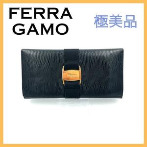 FERRAGAMO フェラガモ ヴァラリボン レザー 長財布 レディース ブラック ゴールド金具 美品 特価 希少 人気 おしゃれ ブランド 黒 