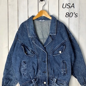 USA古着 80s Yライン ワイドデニムジャケット L～XL ジージャン オールド ヴィンテージ アメリカ古着 デザイン レトロ ●40